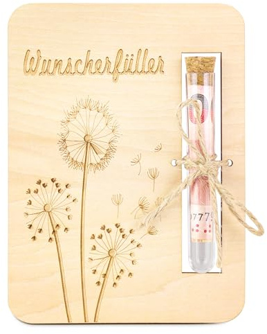TAKULA Wunscherfüller Pusteblume Geldgeschenke Verpackung Reagenzglas | Pusteblumen-Motiv, kompakte Größe 16x12cm, ideal für kreative Geldgeschenke, persönliche Gravur möglich