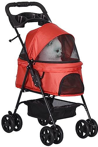 PawHut Poussette buggy pliable chien chat panier rangement porte-gobelets tissu 300D Oxford imperméable 4 roues rouge