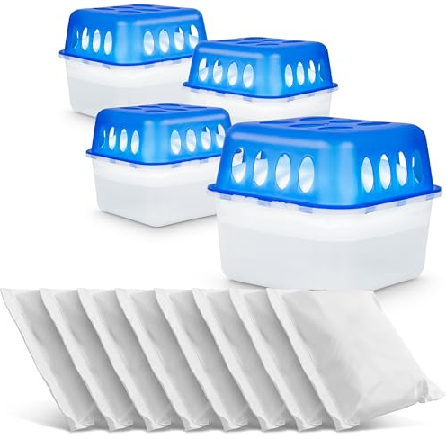 4 deumidificatori senza elettricità, con 8 sacchetti di ricarica da 400 g, granulati per cucina, bagno e soggiorno, protezione da muffa e odori (4 deumidificatori)