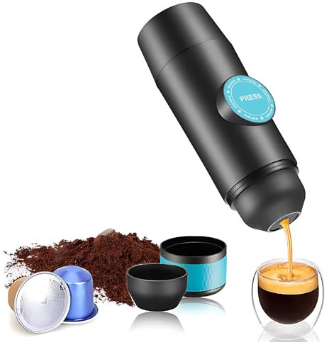 Hanzete - Mini macchina da caffè espresso elettrica portatile, senza fili, riscaldamento, doppia porzione, con contenitore 2 in 1 per polvere e capsule, pompa a pressione da 15 bar, batteria integrata