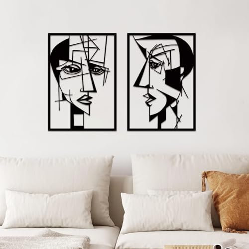 ESTART 2 pezzi astratti amanti facce decorazione da parete in metallo, moderna minimalista linea geometrica da appendere alla parete, sculture da parete in metallo nero per casa, soggiorno, camera da