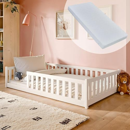 Kids Collective Kinderbett Bodenbett 120x200 cm Bett mit Matratze, Rausfallschutz & Lattenrost Montessori Bett Bed Gitterbett Kinder Jugendbett Einzelbett | weiß Kiefer Holz massiv Junge Mädchen