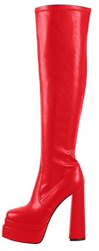 VERISSON Bottes à plateforme à talon bloc - Tige longue - Genou - Talons hauts - Bout carré, Rotpu, 38 EU