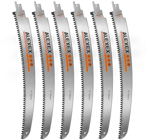 ALEXEX 6Pcs 12 Japanese Teeth Reciprocating Saw Blades for Wood Cutting and Tree Trimming, 6TPI Arc Curved Wood Sawzall Blades for PVC Pipe Cutting, Cr-V Sabre Sawzall Pruning Blades 12 Inch
