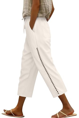 CMTOP Pantalones de Lino Mujer Verano 3/4 Casuales con Bolsillos Salón Cordón Elástico Cintura Suelta Cómodo