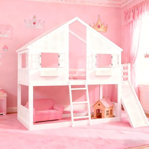 Arhatreya Letto a castello 90 x 200 cm, letto per bambini con scivolo | senza materasso, letto in legno con tetto e finestra, letto per bambini e ragazzi, bianco, pino + MDF