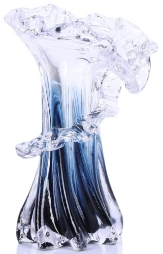 Blaue Ozeanwellen-Vase, 20,6 cm hoch, mundgeblasene Glasvase, einzigartige moderne Kunst, wunderschöne handgeblasene Küsten-Tischdekorationen für Wohnzimmer, Schlafzimmer, Büro-Schreibtisch
