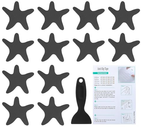 PATIKIL Bathtub Non Slip Stickers 3.86x3.86 Inch, 12 Pack Starfish Safety Shower Floor Anti Slip Stickers with Adhesive Decals Scraper for Bath Tub Shower Floor Stair, Black