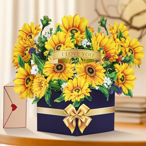AOOTE Biglietto Fiore Pop-Up, Mazzo Di Girasole, Biglietto Regalo 3D per Un Compleanno, Biglietti di compleanno per donne, Biglietto di Compleanno per Genitori, Amici e Innamorati con Busta