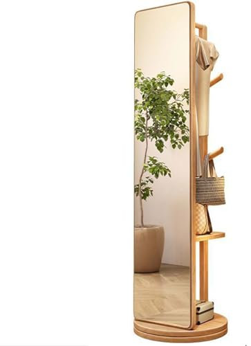Freistehende Garderobe mit Standspiegel, drehbare Garderobe aus Massivholz mit Ganzkörperspiegel, dekorativer Wandspiegelständer mit drehbarem Sockel, freistehender Standspiegel für Wohnzimm