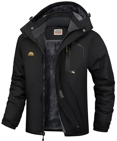 WULFUL Men's Ski Jackets Warm Winter Snow Windbreaker Resistant Snowboard Fleece Coat Mountain Waterproof Parka with Hood Black Small