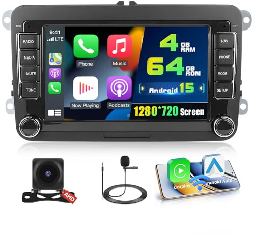 4+64G Radio for VW Passat Seat Golf 5 6 Skoda Polo Tiguan, 7'' IPS Touchscreen Stereo Android 15 Wireless Apple Carplay Android Auto 32EQ 5G WiFi 1080P Bluetooth +Free AHD Backup Camera