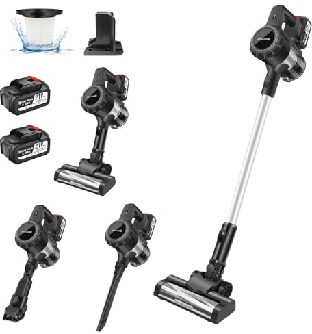 Aspirateur Balai sans Fil, 140W/15KPA Aspirateur sans Fil, 65 Minutes Autonomie Aspirateur sans Fil Puissant, 3 en 1 Aspirateur Balai sans Sac pour Les Poils d'animaux/Tapis/Sols Durs, 2 Batterie
