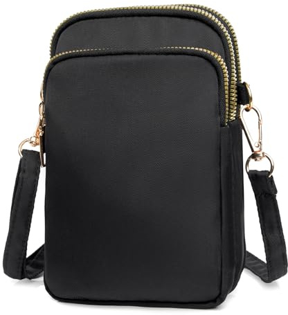 Kommodum - Borsa Donna Tracolla Piccola Mini Borsetta Portacellulare Porta cellulare per telefono Portafoglio Borse Tracolla regolabile e rimovibile km32 (Nero (cerniera color oro))