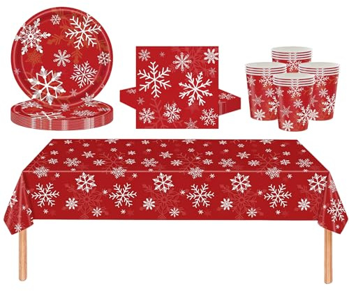 53Pcs Christmas Party Tableware Set for Table Decor,Red Snow 137x274cm Large Plastic Tablecloth Christmas Snowflake Party Paper Plates Cups Napkins Dinnerware Set for Xmas Favor Tableware