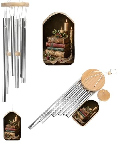 Scacciapensieri con libri vintage con agrifoglio vischio scacciapensieri commemorativi tono profondo con 6 tubi in alluminio decorazione da giardino per esterni