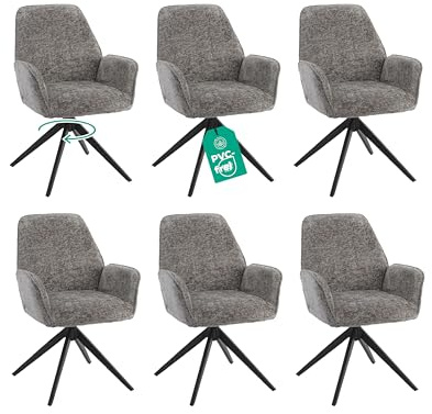 Linele® Esszimmerstühle 6er Set, Dunkelgrau | 360° drehbar, Chenille-Stoff, Rückholfunktion mit Wellenfederung, PFC-frei & OEKO-TEX® zertifiziert, Einfache Montage