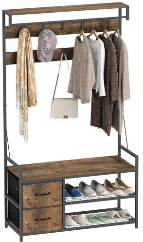 HOMCOM Garderobenständer Mit 10 Verstellbaren Haken 180 cm Rustikal Braun | Kleiderständer, Kleiderstange, Schuhregal, Schublade, Metallrahmen, Industrie-Design, Für Flur, Wohnzimmer