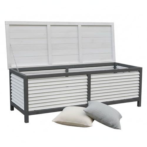 Mucola Gartenbox Auflagenbox Gartentruhe wetterfest 140 cm Weiß Grau | Imprägniertes Fichtenholz, für Kissen und Gartengeräte, Deckel als Sitzfläche, belüftet, inkl. Montagematerial, für Balkon