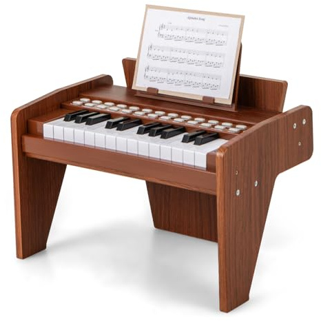 KOMFOTTEU Clavier 25 Touches pour Enfants, Piano Électronique avec Touche Lumineuse & Pupitre, Piano Numérique pour Enfant de 3 Ans+, Enregistrement & Lecture, Mode Apprentissage (Marron)