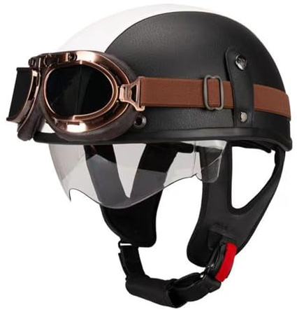 Retro Casco Mezzo Retrò Moto Caschi Jet E Demi-Jet Pelle Certificazione DOTECE Caschi Cromwell Vintage Con Occhiali Elmetto Scodella Aperto Casco Con Visiera Uomini Donne E,M:57-58CM