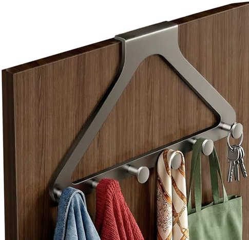TATATATA Porte-manteau de porte avec 6 crochets sans perçage, silencieux et anti-rayure, en acier triangulaire haute résistance pour chambre et salle de bain