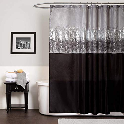 Frodig dekor natthimmel duschdraperi, enkel, 183 cm B x 183 cm L, svart och grå – duschdraperi med paljett – glittrande färgblock duschdraperi – modern glam badrumsdekor