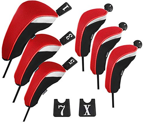 Andux 6pcs/Set Golf Club Head Covers Woods Driver Fairway Hybrid Set (3 Hybrids + 3 Woods) Black/Red