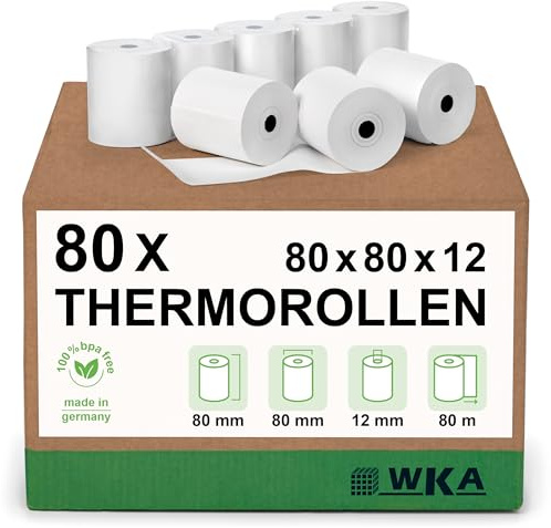 WKA Thermorollen, 80 mm x 80 m x 12 mm, weiß | Bonrollen, Kassenrollen, deutsche Produktion, Thermobeschichtung außen, ohne Rückseitenaufdruck
