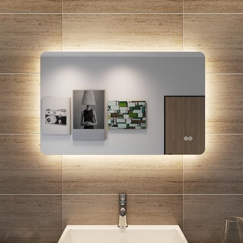 SONNI LED Badspiegel 80x50cm mit Touch, 3 Lichtfarben, Wandspiegel IP44 | Memory-Funktion, stufenlos dimmbar, quer/hoch montierbar, kupferfrei. Ideal für Komplettrenovierung & Altbausanierung
