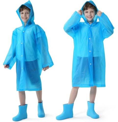 Opret 2 Pack Blue Raincoats for Kids, Reusable Rain Ponchos with Hood and Sleeves Children Waterproof Rain Coats for Boys and Girls