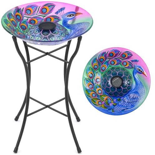 Christow Solar LED Glass Bird Bath, Peacock Design | Hand-Painted Glass Bowl, Solar Powered LEDs, UV-Resistant Design, Powder-Coated Steel Stand, 50cm Tall, Garden Bird Bath