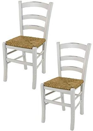 t m c s Tommychairs - 2er Set Stühle Venezia für Küche und Esszimmer, Robuste Struktur aus lackiertem Buchenholz im Shabby Chic Stil, handwerklich antik behandelt und Sitzfläche aus Stroh