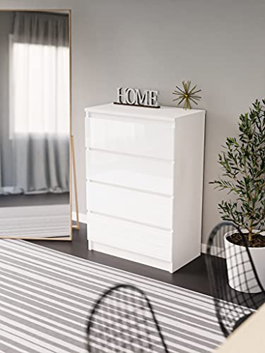 Elegant och rymlig byrå med 4 lådor, 102 cm, vit/blank vit, Mått: 70 x 39 x 101 cm