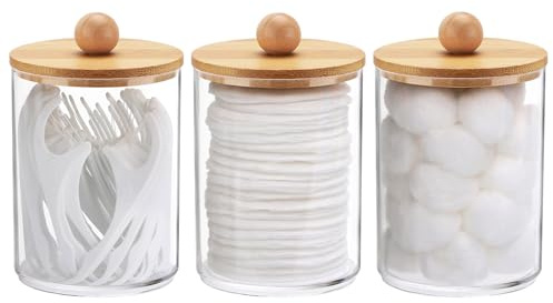 Tbestmax 10 Oz Cotton Swab/Ball/Pad Holder, Qtip Apothecary Jar, Clear Bathroom Containers Dispenser for Storage 3 Pack Wood Lids