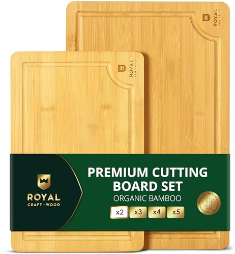 ROYAL CRAFT WOOD Wooden Cutting Boards for Kitchen Meal Prep & Serving - Bamboo Wood Serving Board Set with Deep Juice Groove Side Handles - Charcuterie & Chopping Butcher Block for Meat