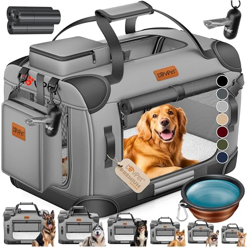 LOVPET® Transportbox Hund Katze Transporttasche S 50x34x36cm | Hunde-Tragetasche Faltbare Katzentasche | Haustier-Transportbox inkl. Hundenapf & Schultergurt | für Katzen & Hunde Hellgrau