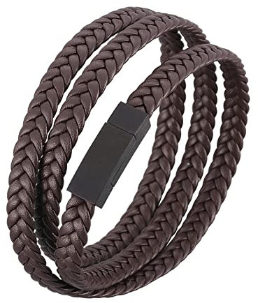 Skcess Leder Armband Silber，Herrenarmband Leder Mehrschichtiges Geflochtenes Lederarmband Rostfreier Stahl Magnetarmband Herren 18.5cm