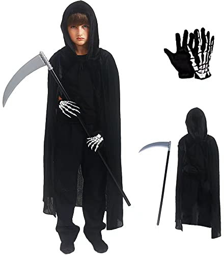 Grim Reaper Costume 150 cm Halloween Fancy Dress Costume Set Boy Black Hooded Cloak Skeleton Gloves Scythe Prop for Adult Kids Halloween Party Costumes