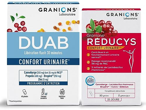 GRANIONS - LOT DUAB Formule brevetée - Bien être féminin, canneberge 60 gélules et REDUCYS Confort Urinaire 30 gélules - 15 à 30 jours de programme