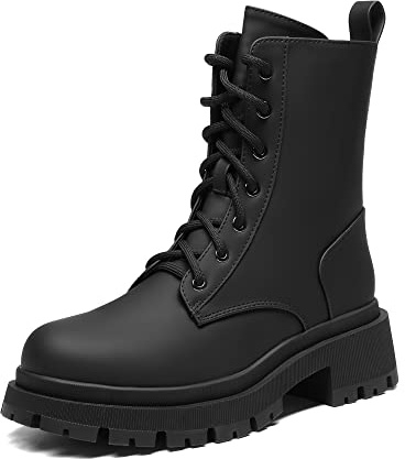 DREAM PAIRS Bottines Femme Mi-Mollet avec Fermeture Eclair Tendance Comfortable Bottes à Lacets avec Talon Large et Doublure Chaude Noir/Silk PU SDMB2203W-E Taille 39 (EUR)
