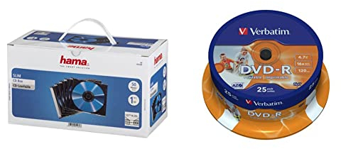 CD-Leerhülle Slimline, Transparent-Schwarz, 50er-Pack & Verbatim DVD-R Wide Inkjet Printable 4.7GB I 25er Pack Spindel I DVD Rohlinge bedruckbar I 16-fache Brenngeschwindigkeit