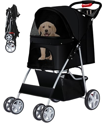 Azaeahom Pet Stroller, 4 Wheels Pet Strolling Cart for Medium/Small Dogs and Cats, Foldable Cat Jogger/Dog Stroller with Cup Holder, Storage Basket, Breathable Mesh, All-Season Pet Carrier, Black