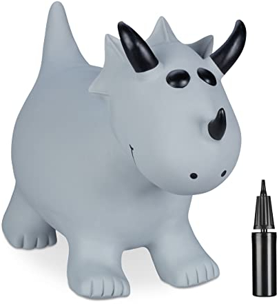 Relaxdays Hüpftier Dino, inklusive Luftpumpe, Triceratops, bis 50 kg, BPA frei, Hüpfspielzeug, Kinder, Hüpfdino, grau