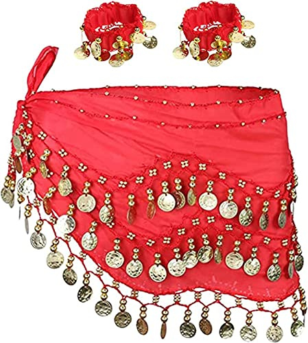 SamHeng Bufanda de danza del vientre con pulsera, 128 monedas cinturón envolvente de falda de danza del vientre con pulseras de tobillo, cadena de cintura de cinturón de falda de baile