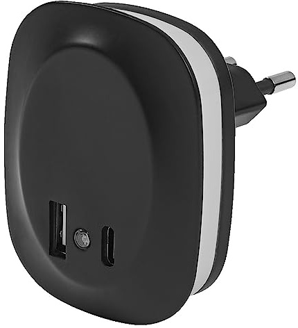 LEDVANCE LUNETTA EDGE plug-in nattlampa, svart, 0,35W, 10lm, varmvitt ljus, dagsljussensor, USB-A & USB-C-port, LED-teknik, laddningsfunktion, lång livslängd, IP20, 3000K.