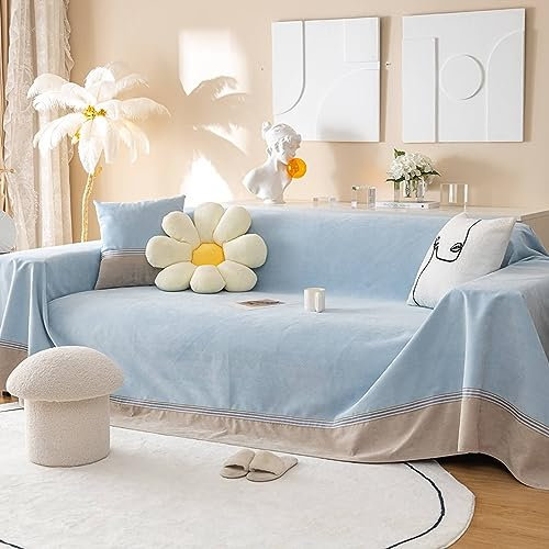 Homxi Sofabezug Ecksofa 4 Sitzer,200x420CM,Sofabezug Einfarbig mit Streifen Sofaüberwurf Decke Polyester Sofa Handtuch Hellblau Sofaüberwurf Decke