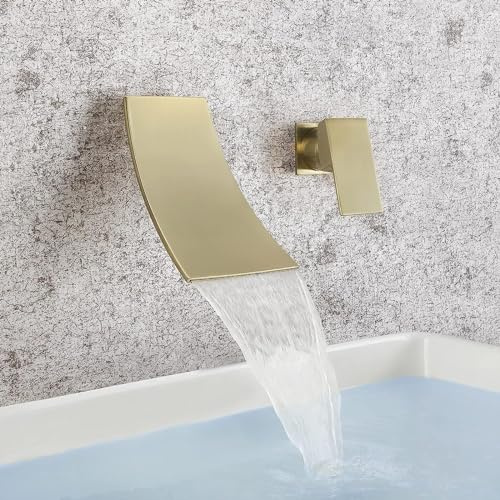Wall Mounted Bathroom Basin Taps Mono Basin Mixer Tap Waterfall Taps for Bathroom Bathroom Sink Mixer Tap Wall Mounted Bathroom Tap Hot and Cold Mixed All Copper,Brushed Gold