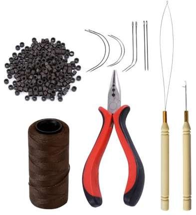 Hair Extensions Tool Kit: 200 Pcs Silicone Lined Micro Rings Links Beads, 1 Three Hole Hair Pliers, 1 Roll Sewing Thread, 1 Loop Needle Threader, 1 Pulling Hook Needle, 8 Sewing Needles (Dark Brown)