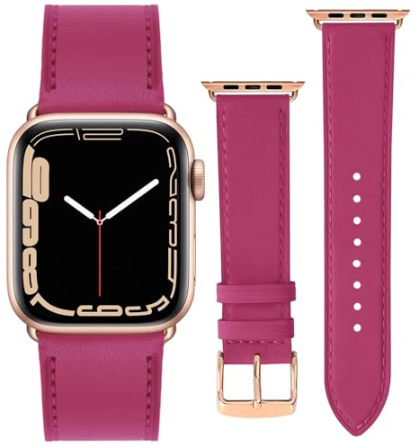 ONET8O Leather Strap Compatible with Apple Watch Series Genuine Leather Replacement Band for iWatch 38/40/41/42/44/45/49mm for Women and Men Rose gold Adapters-38/40/41mm Pink